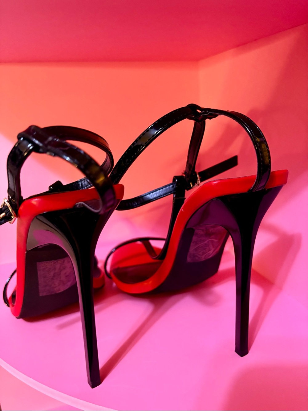 Fashion Nova Red and Black Stiletto Sandals with Ankle Strap - Picture 3 of 3